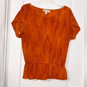 Michael Kors Ikat Pattern Ruched Tie Sleeve Cinched Waist Peplum Blouse Orange S